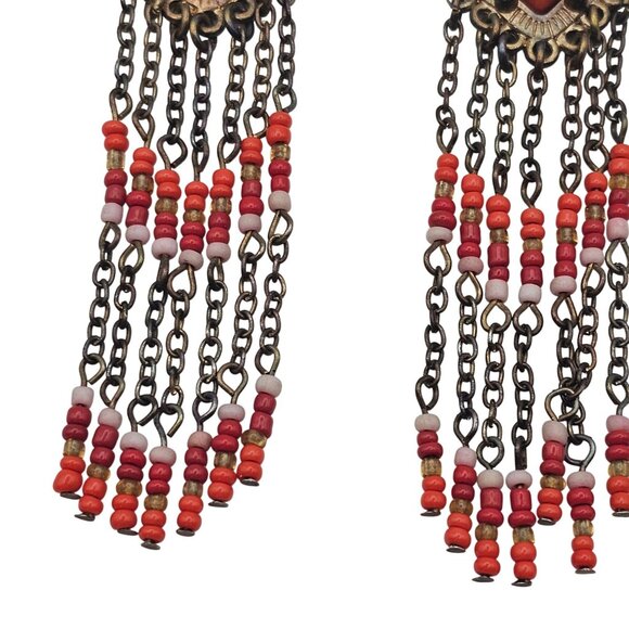 Beaded Orange Dangle Drop Brass Tone Hippie Boho Gypsy Tassel Rustic Earrings - Picture 7 of 10